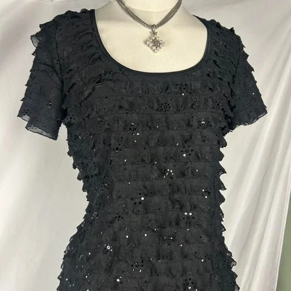 Y2K JKLA Sequin Ruffled Black Short Sleeve Top Womens L Goth Glam Bling - Picture 2 of 7